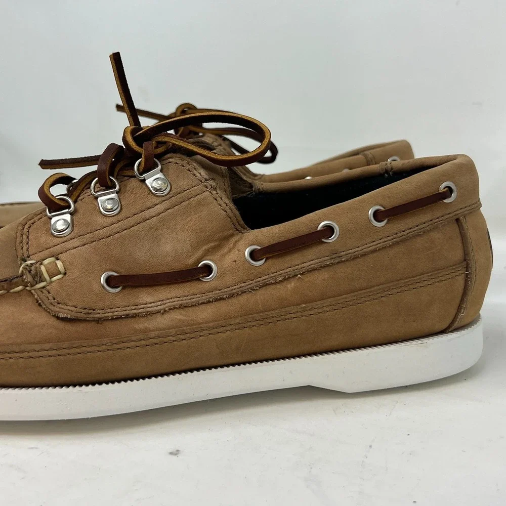 Polo Sport‎ Ralph Lauren Boat Shoes Tan Leather Moc Toe Beige Men's 10D VTG NEW